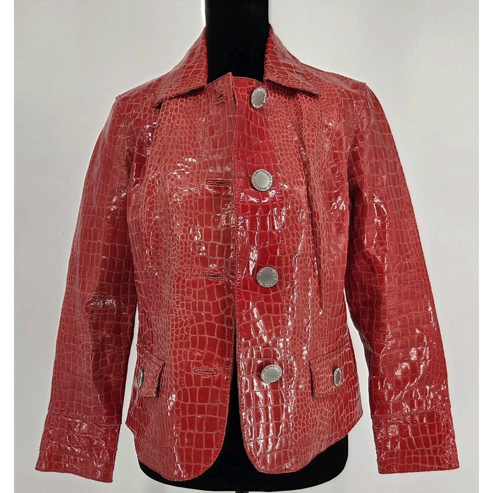 Berek Red Leather Jacket PM Snakeskin Textured Blazer Jeweled Buttons